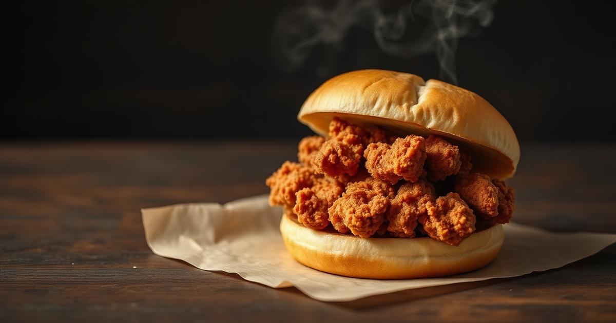 A single crispy fried chicken sandwich on plain kraft paper, hero shot.