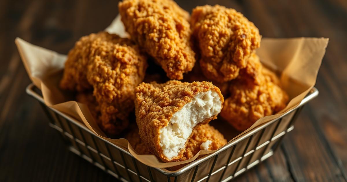 Close-up of crispy bone-in fried chicken pieces in a basket on parchment paper.