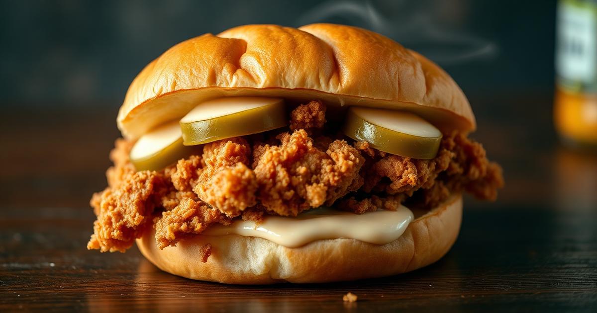 Crispy fried chicken sandwich with pickles on a toasted brioche bun, cut in half.