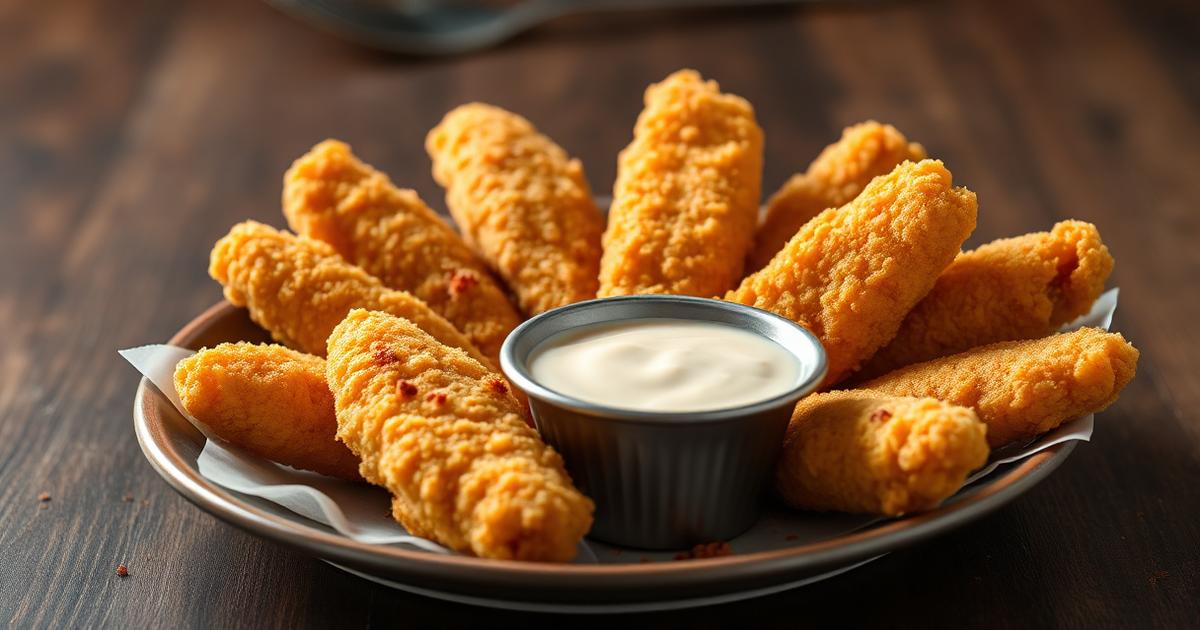 Golden crispy chicken tenders on a plate with a cup of dipping sauce.