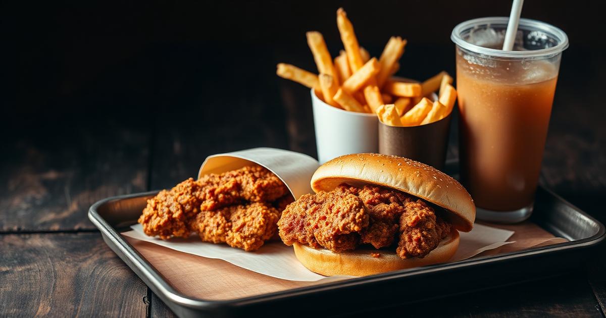 A combo meal tray with a chicken sandwich, fries and a cold drink.