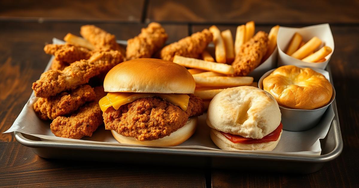 An abundant value meal with a chicken sandwich, tenders, fries and a biscuit.