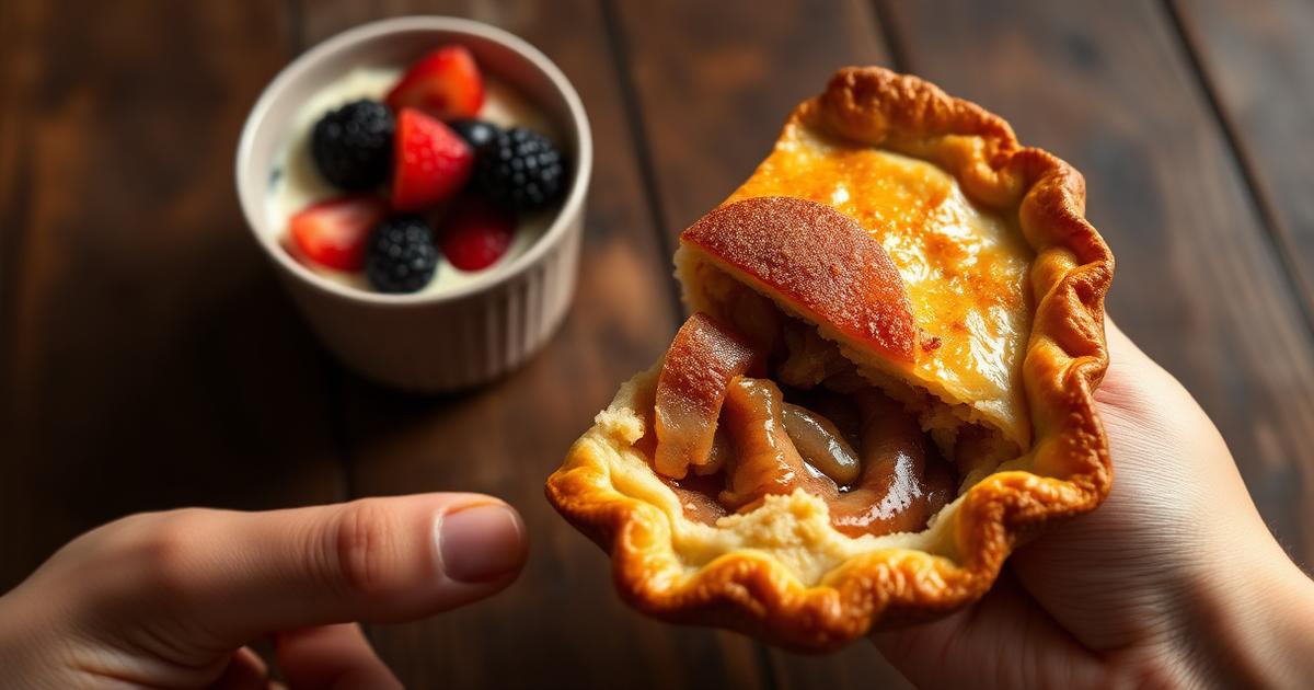 A golden flaky apple pie broken open beside a creamy berry dessert cup.