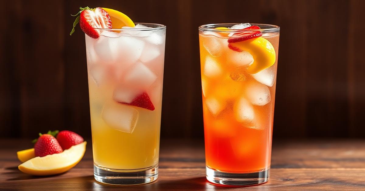 Glasses of iced fruit lemonade and sweet tea garnished with fresh fruit.