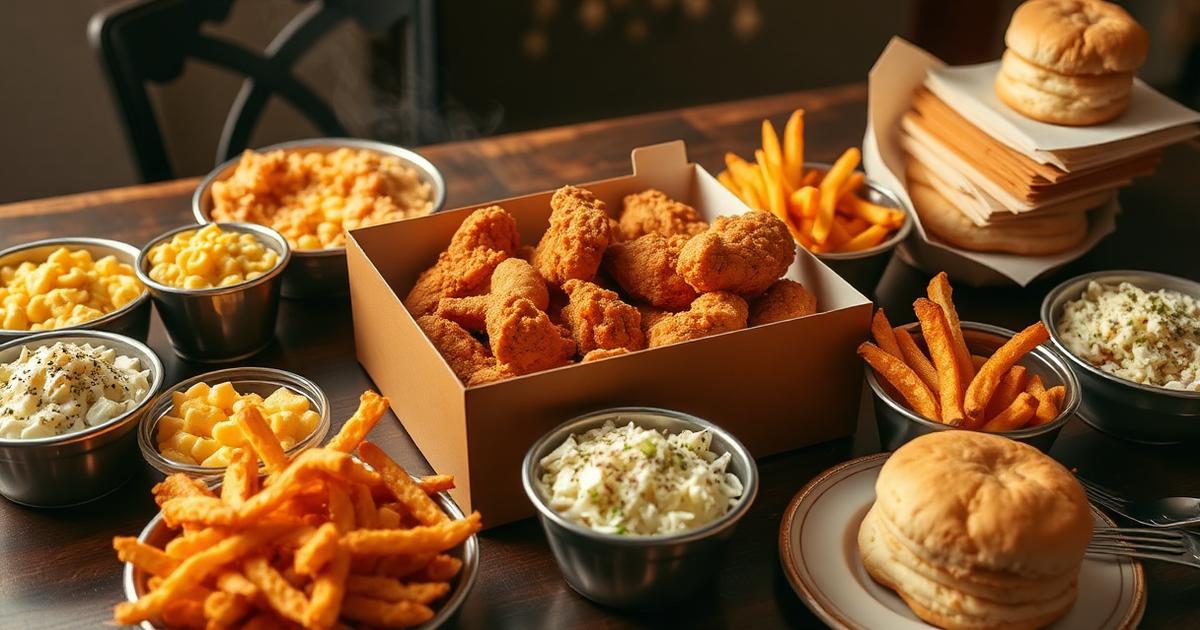 A large family spread of fried chicken and Southern sides for sharing.