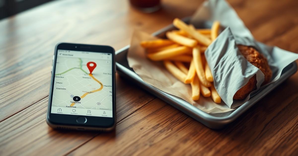 A phone showing a map with a location pin next to a chicken meal on a table.
