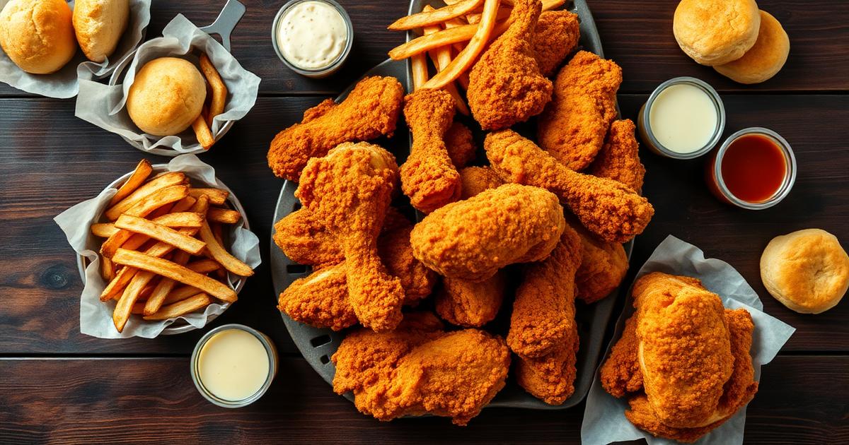 Overhead spread of fried chicken, a chicken sandwich, fries and biscuits on a wooden table.