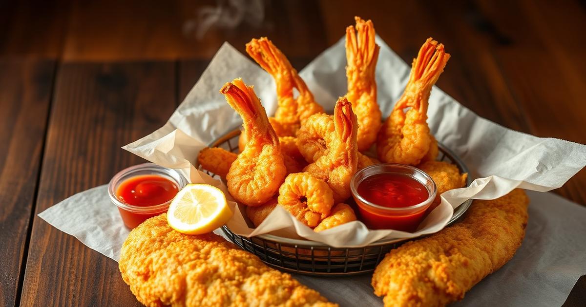Crispy fried butterfly shrimp with a lemon wedge and cocktail sauce.