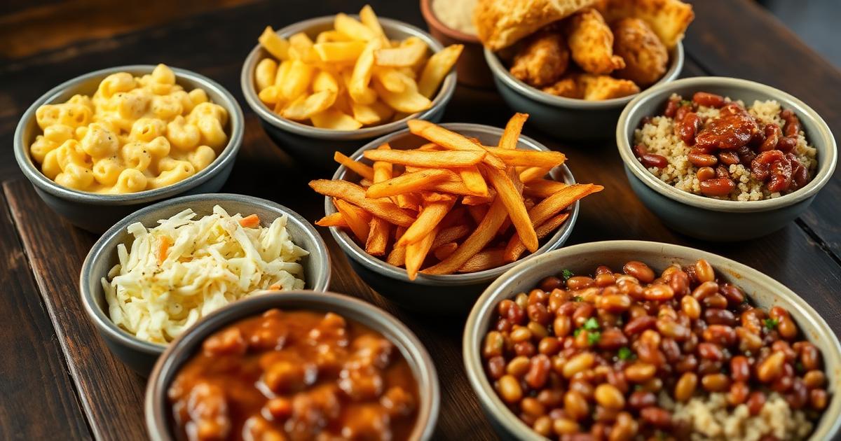 Southern sides including mac and cheese, fries, biscuits, coleslaw and red beans and rice.