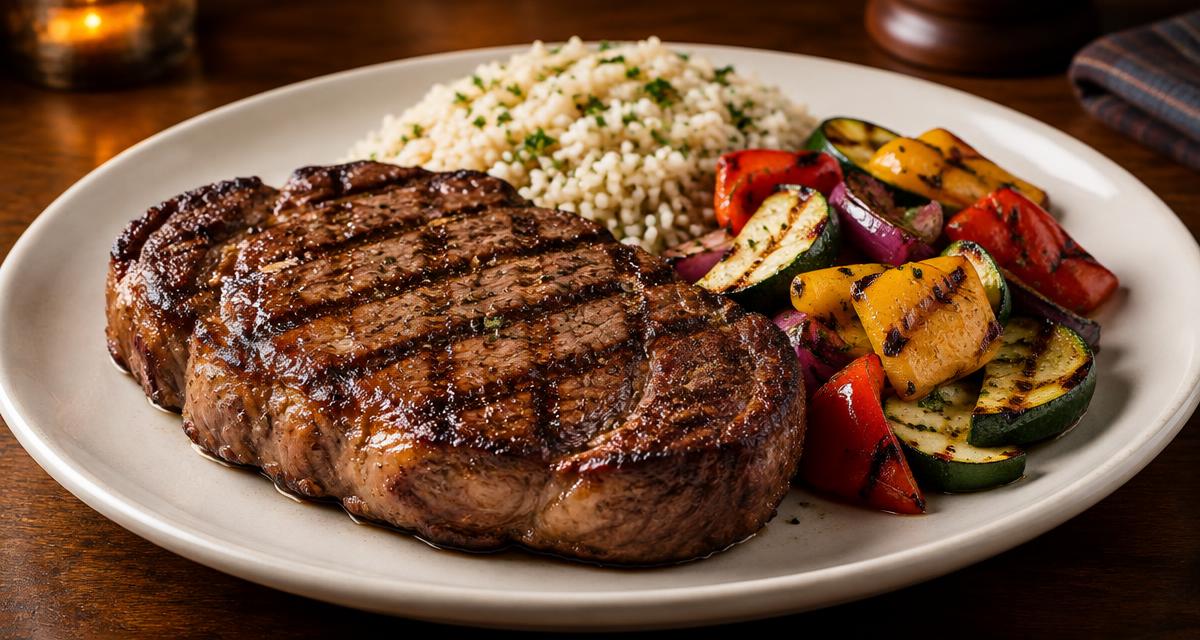 A wood-grilled ribeye steak plated with rice and grilled vegetables.