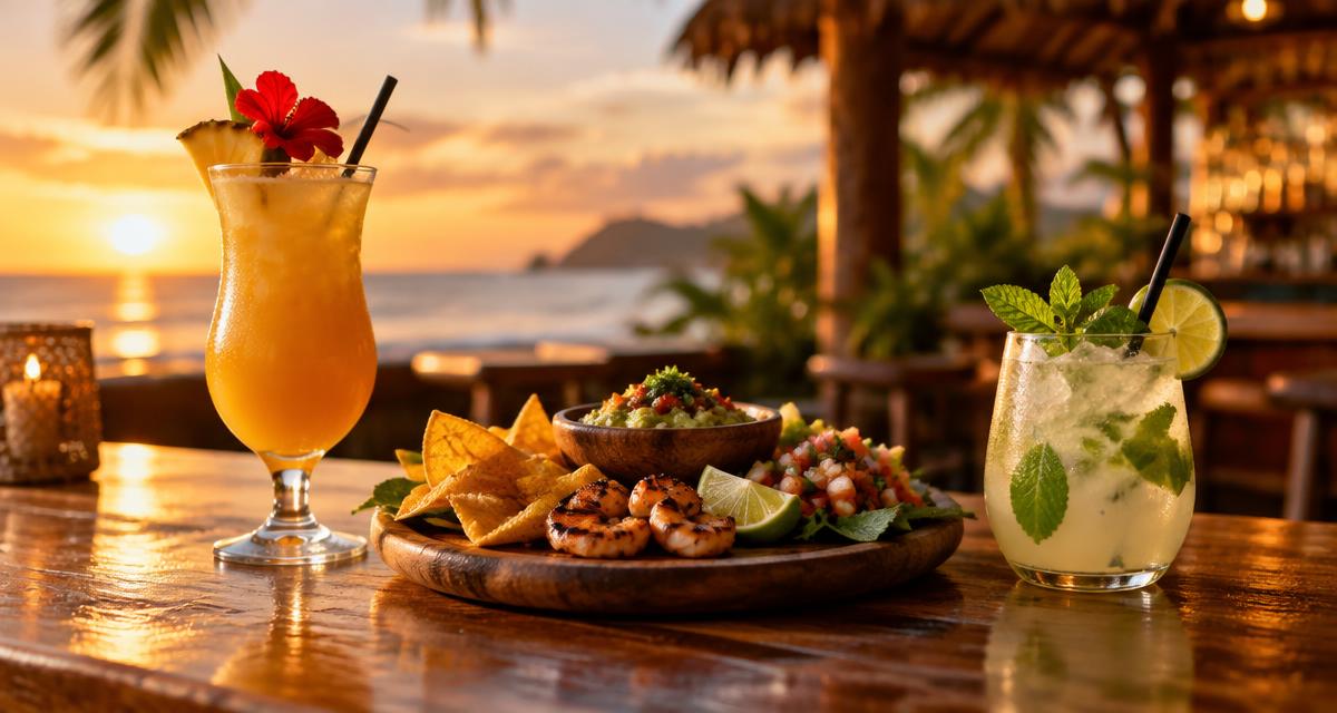 Two tropical cocktails and a shared appetizer platter on a bar table at golden hour.