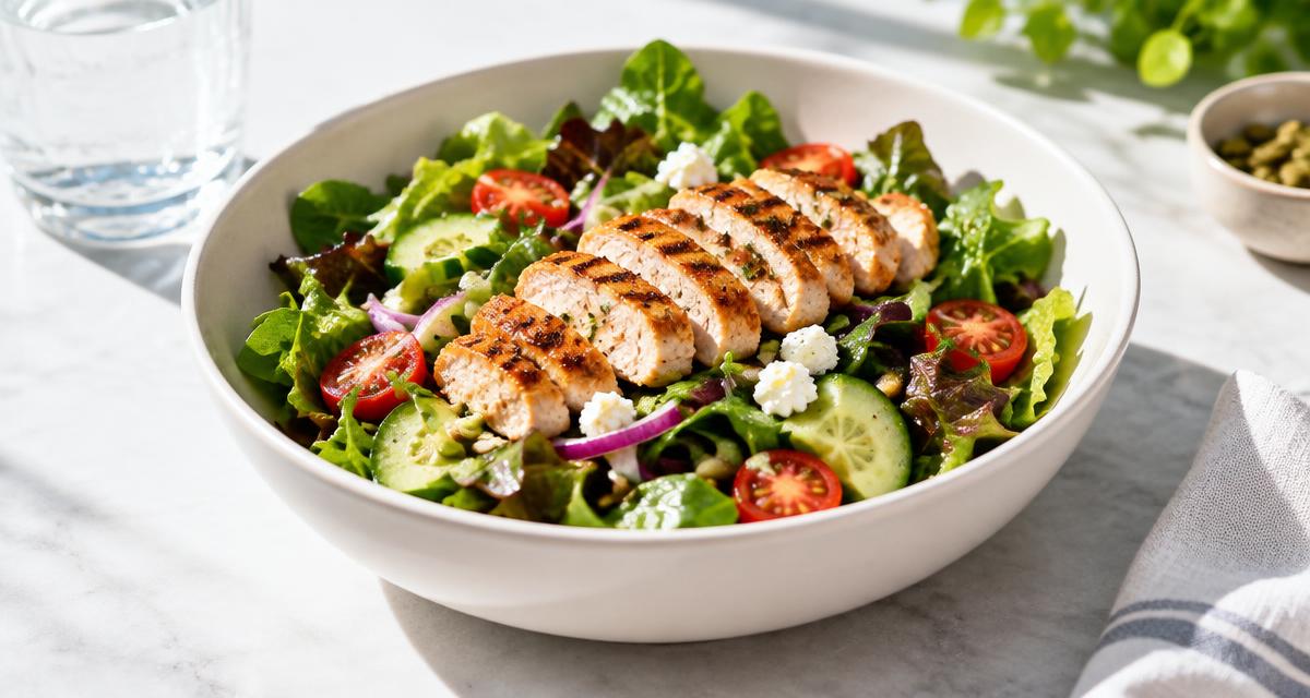A lunch-size salad with grilled chicken and mixed greens.